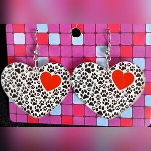 Heart Paw Print Earrings with Red Accent